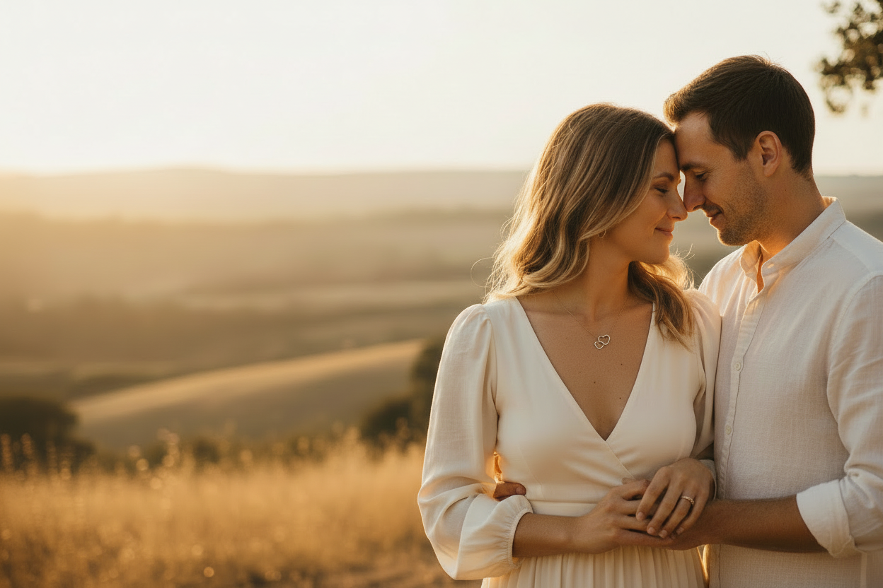 Ultra-wide cinematic horizontal banner, 21:9 aspect ratio. A couple sharing a tender, intimate moment during golden hour, forehead against forehead, smiling softly. The woman is wearing a delicate gold double-heart necklace that catches the light. The couple is positioned on the right side of the frame, leaving empty, beautifully blurred negative space on the left side with warm tones for text placement. Film grain, luxury editorial photography style.